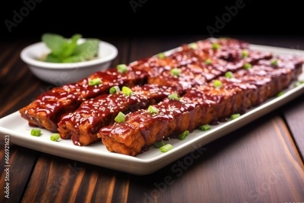 Fototapeta side view of tempeh ribs coated in bbq sauce on a rectangular plate