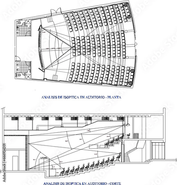 Obraz vector illustration of a detailed sketch of the interior plan and section of the auditorium hall of a modern performance building