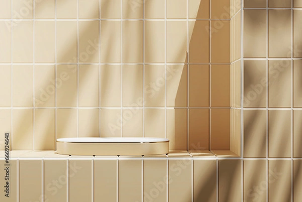 Fototapeta Beige platform with white top on beige tiles in a sunny bathroom. 3D rendering
