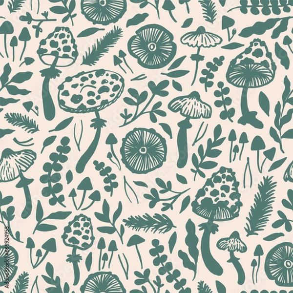 Fototapeta Hand drawn mushrooms seamless vector pattern. Mushroom caps, berries, fir branches, fir needles leaves for printing, fabric, textile, manufacturing, wallpapers.