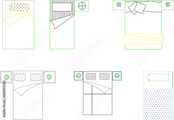 Obraz vector illustration of a detailed sketch of the interior of a bedroom with a top view of the mattress