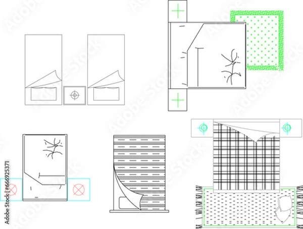 Obraz vector illustration of a detailed sketch of the interior of a bedroom with a top view of the mattress
