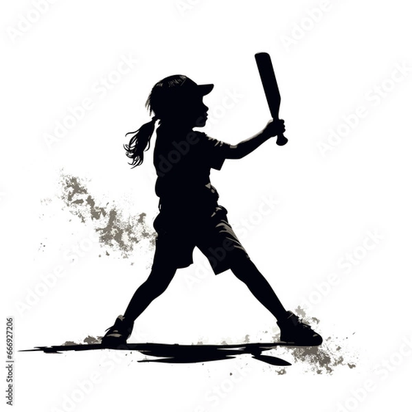 Fototapeta The black silhouette of a girl cricket player hitting the ball with a cricket bat and catching the ball with the cricket bat in mid-air