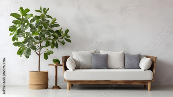 Fototapeta Wooden rustic sofa with white cushions and potted tree against wall with copy space. Scandinavian interior design of modern stylish living room