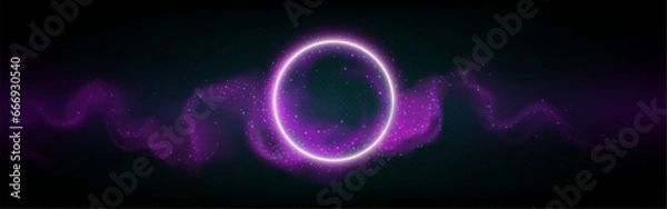 Fototapeta Neon glowing circle with cloud or smoke and sparkles. Realistic vector illustration of led light purple ring with fog effect on dark background. Magic or futuristic game frame or portal with haze.
