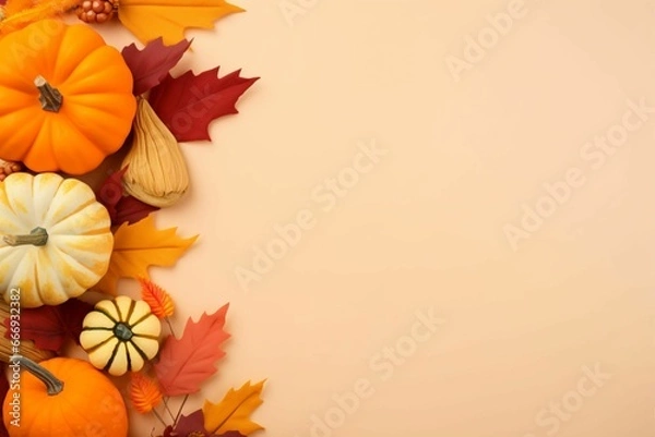 Fototapeta Thanksgiving background arrangement with copy space Autumn frame composition autumn elements  