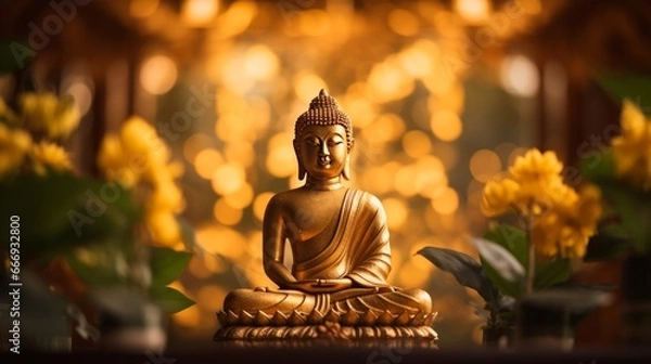Fototapeta The peaceful countenance of a golden Buddha figure