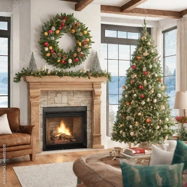 Fototapeta a living room filled with furniture and a christmas tree, a digital rendering, photorealistic