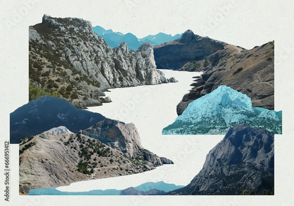 Obraz Beautiful mountained place for chill. Layered illustration of fast river bend. Cut out fragments in framed collage.