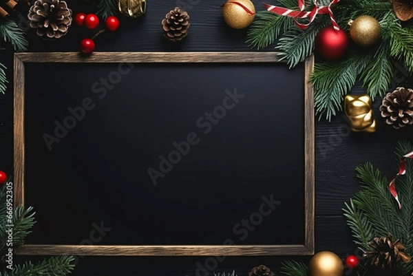 Fototapeta Festive Christmas or New Year Light Background: Xmas Black Board Framed with Season Decorations - Created with Generative AI Tools