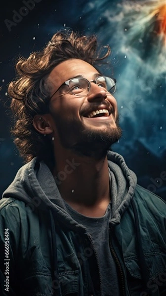 Fototapeta Young handsome man with beard wearing casual sweater and glasses over background very happy and excited doing winner gesture with arms raised. Man portrait illustration. Generative AI
