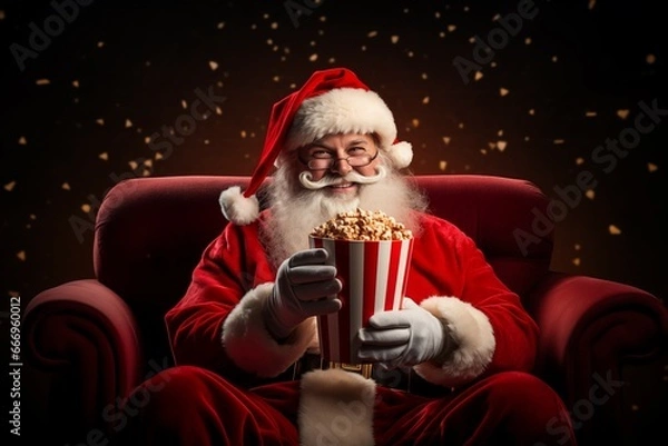 Obraz Santa Claus eating popcorn, in a cinema, smiling, at Christmas eve. Generative Ai