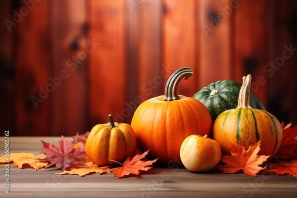 Fototapeta pumpkins and autumn leaves on wooden background