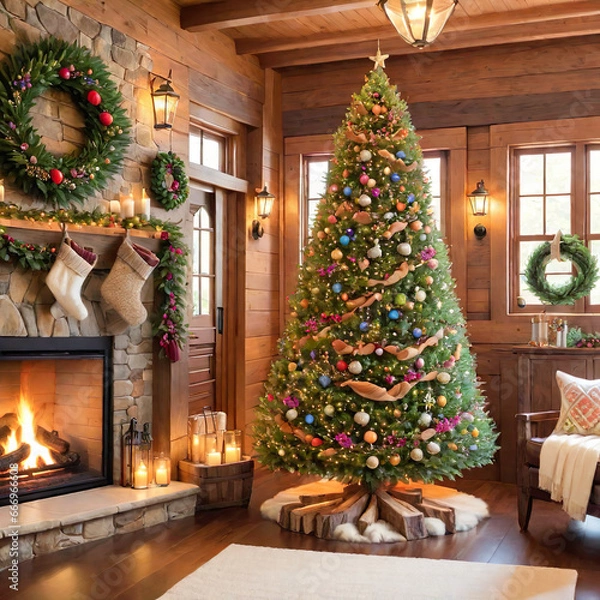 Fototapeta a living room filled with furniture and a christmas tree, a digital rendering, photorealistic