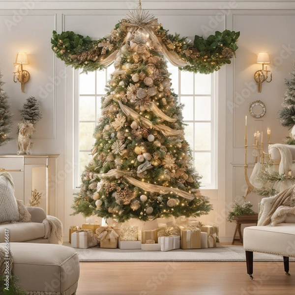 Fototapeta a living room filled with furniture and a christmas tree, a digital rendering, photorealistic