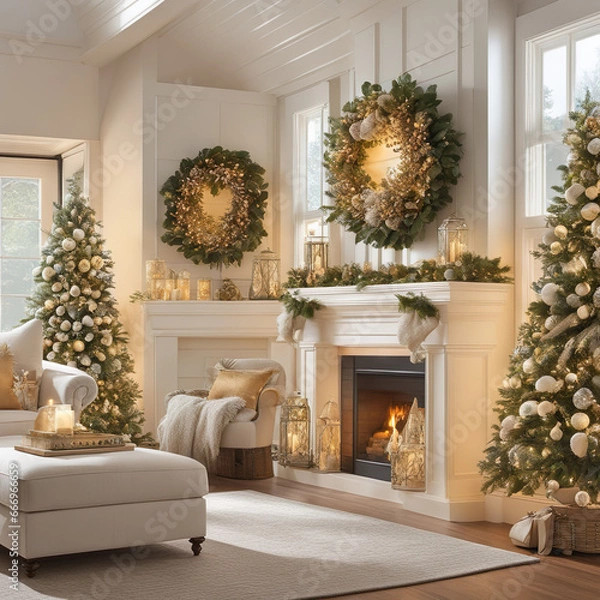 Fototapeta a living room filled with furniture and a christmas tree, a digital rendering, photorealistic