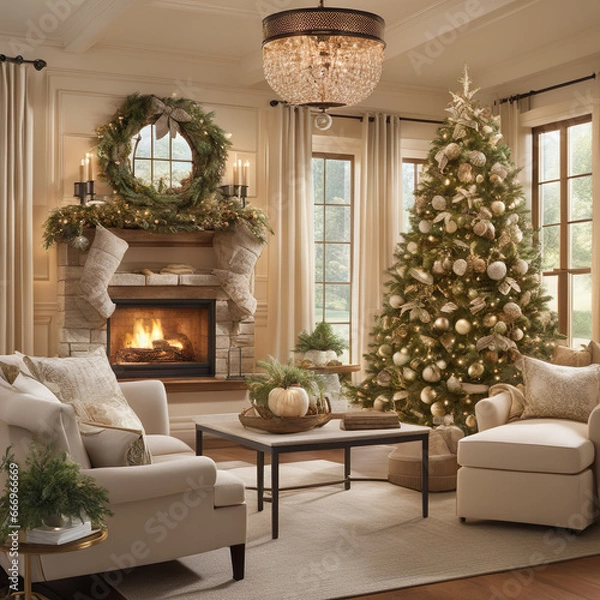 Fototapeta a living room filled with furniture and a christmas tree, a digital rendering, photorealistic