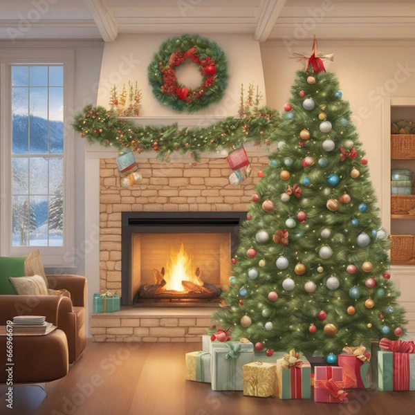 Fototapeta a living room filled with furniture and a christmas tree, a digital rendering, photorealistic