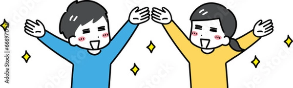 Obraz 万歳のポーズで喜ぶ嬉しそうな私服の若い男女(上半身)