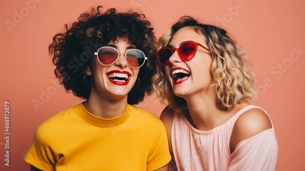 Obraz Funny best friends laughing cheerfully while standing together in a studio