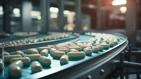 Fototapeta Close-up of a conveyor belt in the production of tablets and vitamins. Pharmaceutical industry concept.