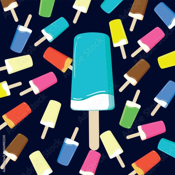 Fototapeta ice on a stick - hot summer vector illustration on blue