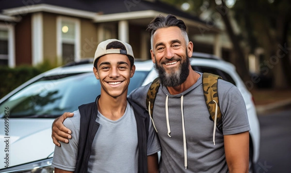 Obraz Family Milestone: Father and Son Pose Next to the Young Man's First Car