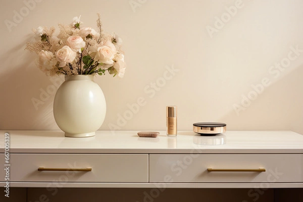Fototapeta Empty modern, minimal beige dressing table, gold handle drawer storage, twig glass vase, round vanity mirror in cream wall bedroom in sunlight for luxury beauty, cosmetic, generative AI