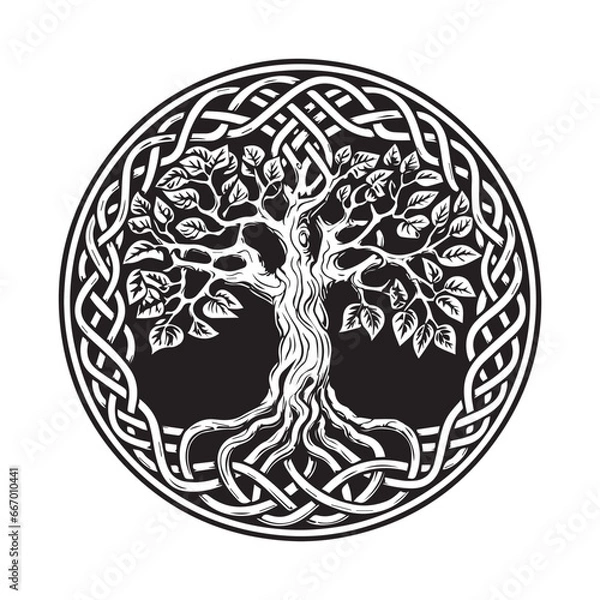 Fototapeta Celtic tree of life decorative Vector ornament, Graphic arts, dot work. Grunge vector illustration of the Scandinavian myths with Celtic culture.