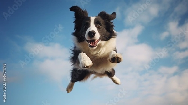Fototapeta A Border Collie in the middle of an agile leap, all four paws off the ground, set against a background of brilliant cerulean.