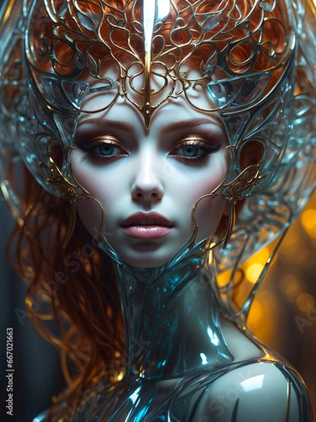Fototapeta Futuristic portrait of a beautiful woman in an artful dress made of glass: A touch of gold