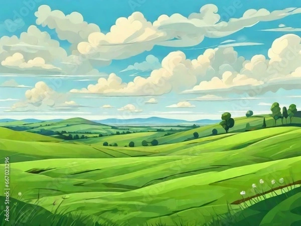 Fototapeta The landscape is vibrant green grass that stretches as far as the eye can see, creating a captivating and picturesque scene.