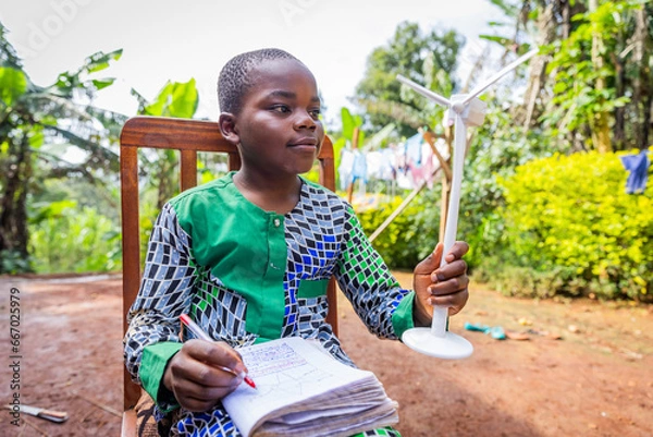 Obraz Young African student reviews his lessons on the wind turbine. Wind energy concept