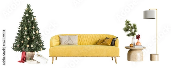 Fototapeta Yellow sofa and chirstmas tree, table with christmas decorations on white background