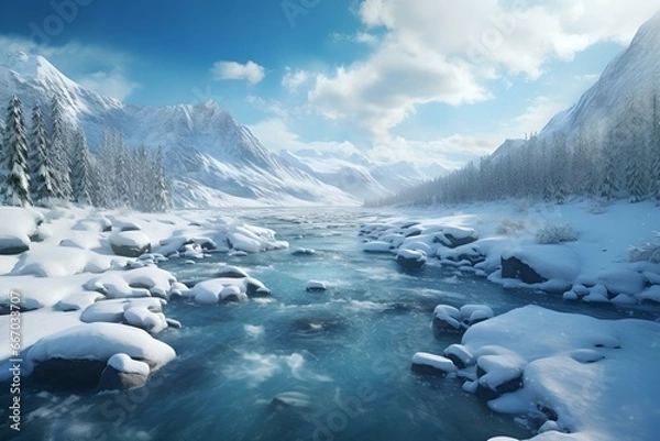 Fototapeta Schneebedeckte Berge und eisiger Fluss im Nebel: Naturwunder