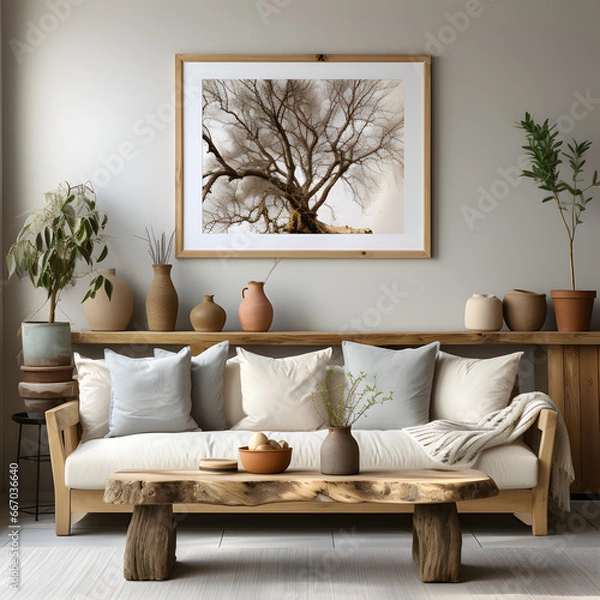 Fototapeta Rustic sofa and live edge coffee table against beige wall with big empty mock up poster frame. Scandinavian home interior design of modern living room in farmhouse