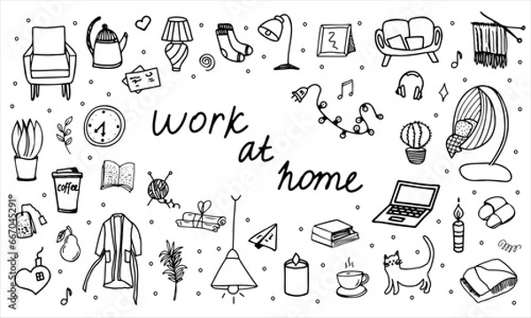 Obraz Cute vector set of hand-drawn doodles about work at home, hobbies. Doodle icons, house elements, cliparts, sketches, template. Isolated on a white background.