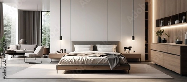 Fototapeta Comfortable and stylish ed bedroom with spacious bed wardrobe coffee table television carpet etc