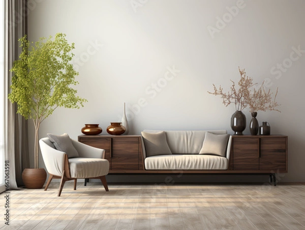 Obraz The modern minimalist style,living room, superflat cabinet, wall blank and dark wood color, soft furnishings in the space.