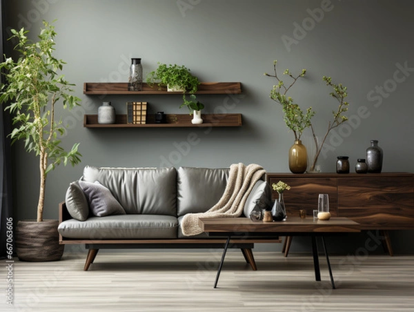 Obraz Modern minimalist style, living room, fully flat cabinets, showcases in dark wood colors, soft furniture in the space.