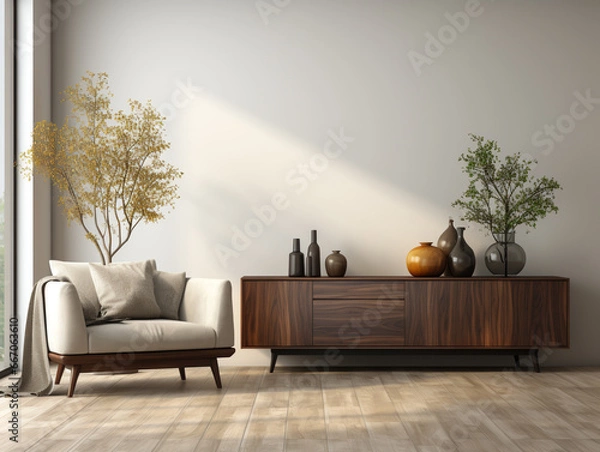 Obraz The modern minimalist style,living room, superflat cabinet, wall blank and dark wood color, soft furnishings in the space.