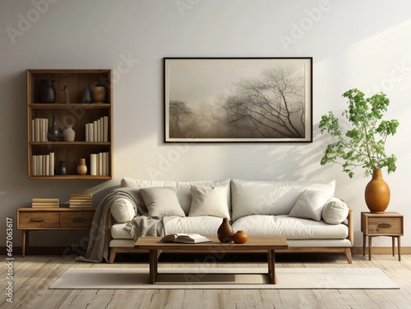 Fototapeta Modern minimalist style, living room, fully flat cabinets, showcases in dark wood color, picture frames, soft furniture in the space.