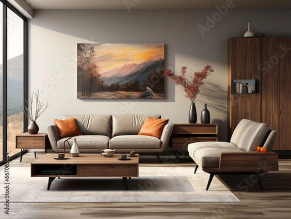 Obraz Modern minimalist style, living room, fully flat cabinets, showcases in dark wood color, picture frames, soft furniture in the space.