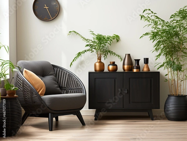 Obraz Modern minimalist style, living room, sofa, gray interior showcase, soft furniture.