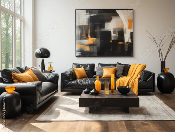 Obraz Modern minimalist style, living room, sofa, gray interior showcase, soft furniture, picture frames