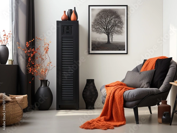 Obraz Modern minimalist style, living room, sofa, gray interior showcase, soft furniture, picture frames