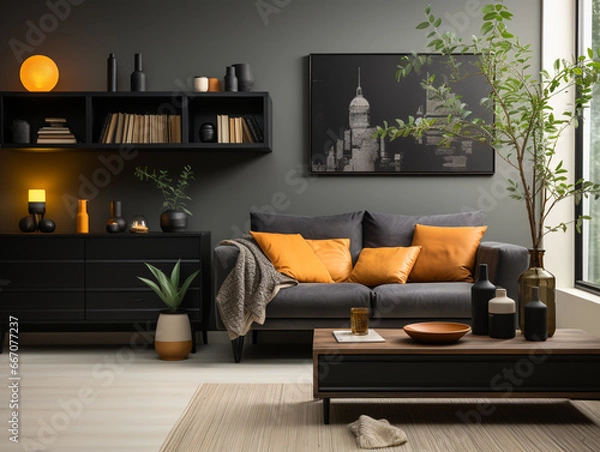 Obraz Modern minimalist style, living room, sofa, gray interior showcase, soft furniture, picture frames