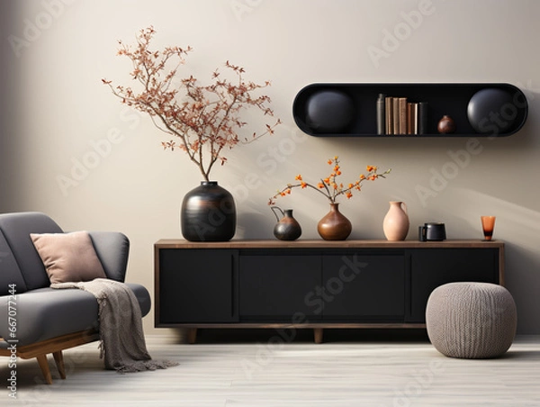Obraz Modern minimalist style, living room, black sofa, white interior showcase, soft furniture.