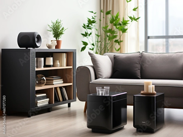 Obraz Modern minimalist style, living room, sofa, gray interior showcase, soft furniture.