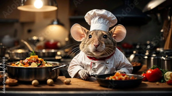 Fototapeta Mouse looks like a chef and stands in the kitchen to cook